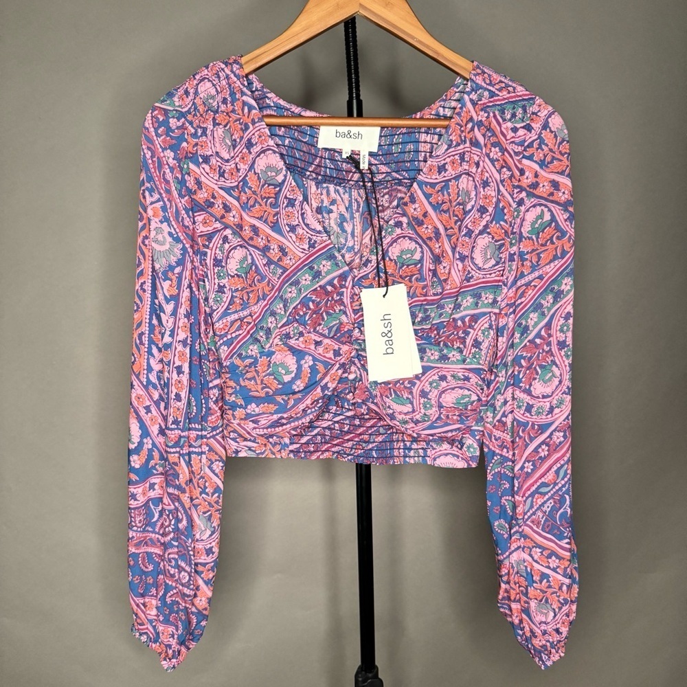 ba&sh NWT Finka Long-Sleeve Floral Paisley Puff Sleeve Crop Top Purple Pink XS - Picture 1 of 15